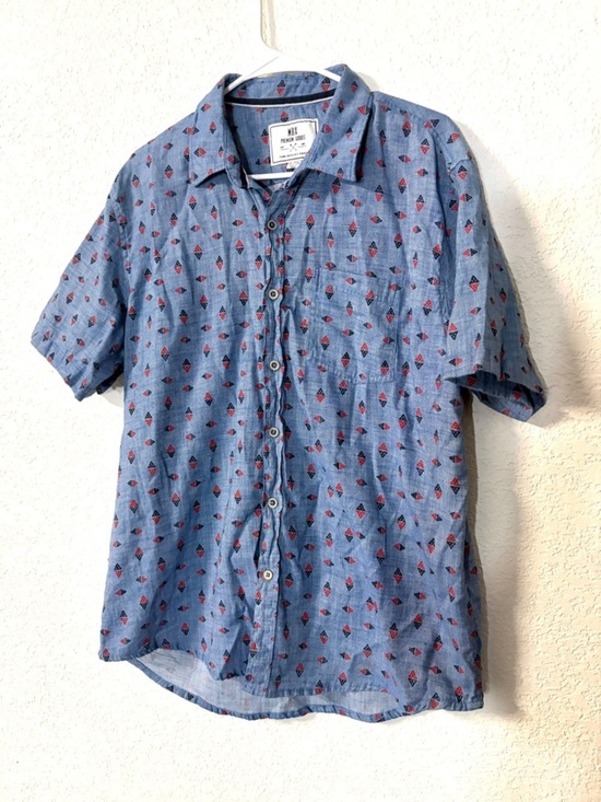 Mbx Premium Goods Other - Men's Light Blue Short-Sleeve Button-Down Shirt with Red Geometric Print XL